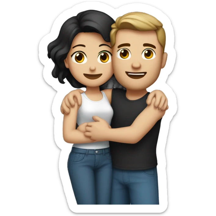 Couple having a big hug, arms around each other. man with light brown skin and black hair. white woman with brown hair and blue eyes  sticker