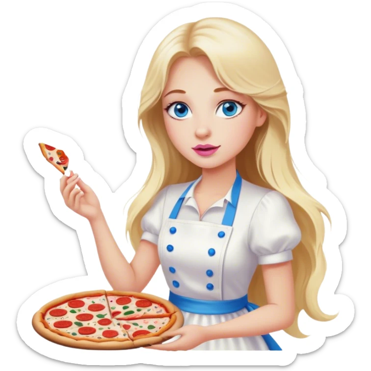Cinematic realistic beautiful blonde with long hair, blue eyes and pink lips in a white dress cooks pizza sticker