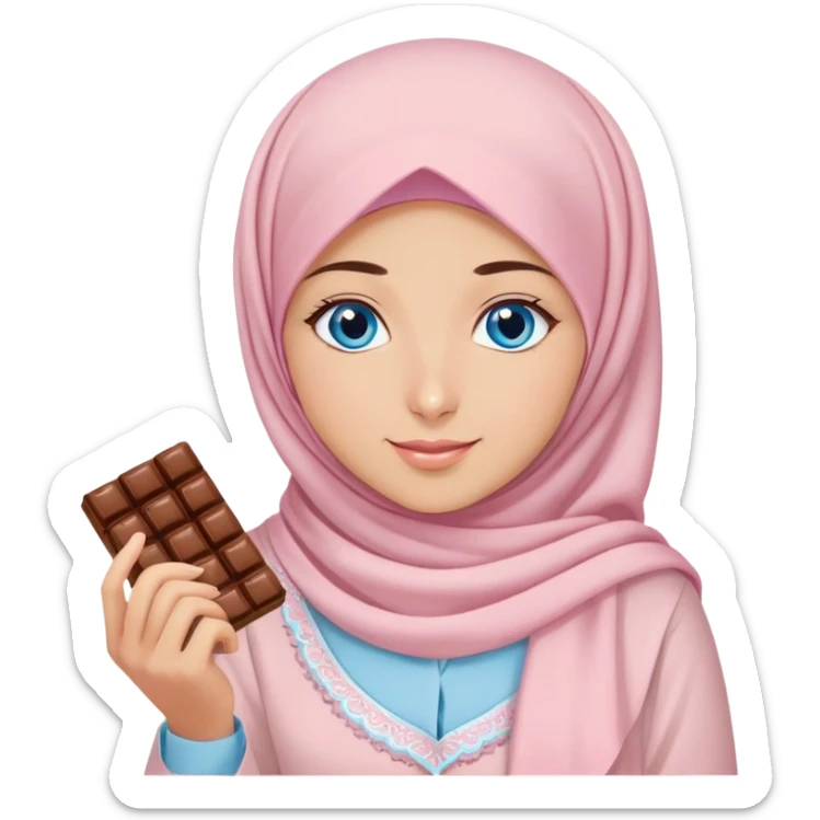 Turkish beautiful finish Konya girl blue eyes with powder pink brown hijab islamic dress and had on her hand text Eid Mubarak with sweets and celebrating with her friends eid days   sticker