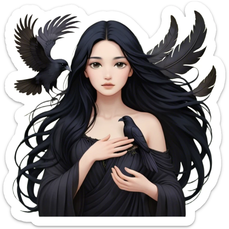 Cinematic Realistic Pocahontas Portrait, depicted with lifelike skin texture, soft natural lighting, and intricately detailed long, flowing raven-black hair that moves gracefully in the wind. Her deep, soulful dark brown eyes exude wisdom and strength, complemented by a serene yet powerful expression. She is shown gently holding a feather in one hand, her other hand resting lightly at her side, embodying the harmonious balance between nature and herself. She is dressed in her classic one-shoulder native American dress, with rich fabric textures and delicate beaded details that catch the light beautifully. The portrait features a soft, sun-kissed glow with a natural, radiant finish, capturing the essence of untamed beauty and deep connection to nature in a realistic and painterly style, evoking a sense of depth and authenticity. sticker