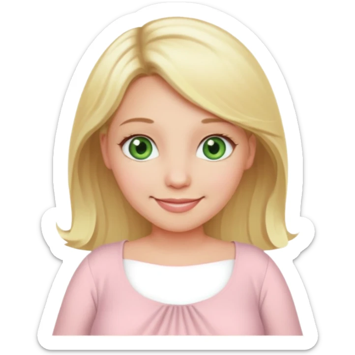 blond pregnant woman smiling in pink pale dress with green eyes sticker