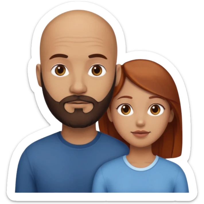 Couple. A bald man with dark brown beard and a girl with light skin. She is a redhead and has dark yellow brown auburn hair. Different skincolor. She has very light skin. sticker