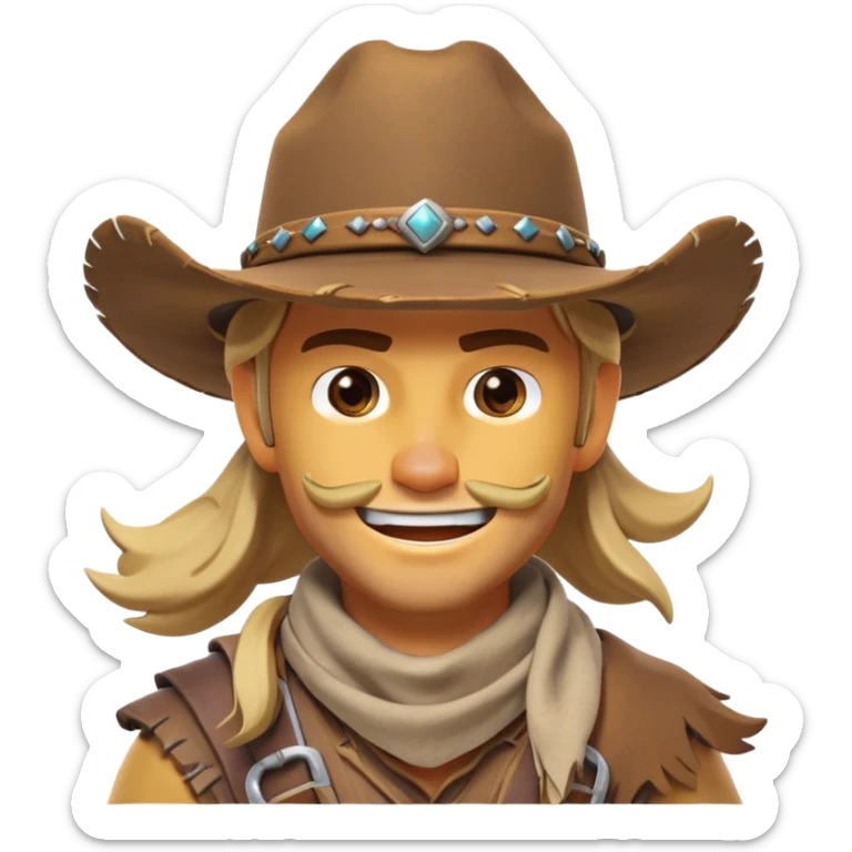 clash-of-clans-aesthetic_-cinematic-playful-cowboy-portrait-emoji, head-tilted with a roguish, cheeky grin and twinkling eyes, featuring a rugged, spirited build with a wide-brimmed cowboy hat and a weathered bandana on tan skin, riding a powerful galloping horse with dynamic flowing mane, reins gripped firmly in one hand and a lasso in the other, as dust swirls behind them in a vast desert landscape. sticker