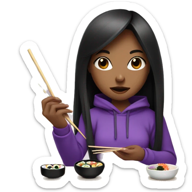 Long black hair girl with black eyes purple hoodie eating sushi with chopsticks  sticker