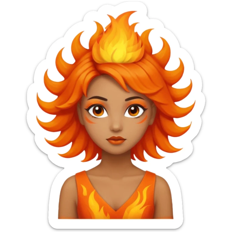 A girl tan skin face emoji with skin head hair styled, dramatic makeup and an orange flame-themed dress. sticker