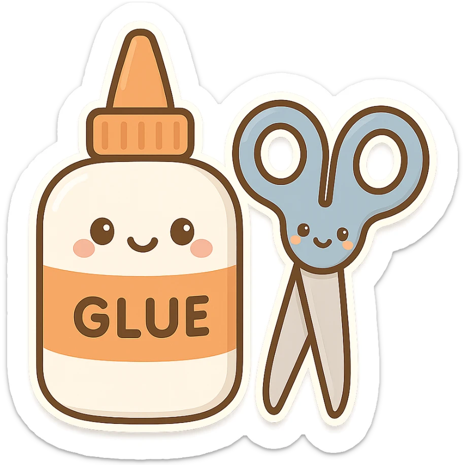 bottle of glue with orange label and tip and a pair of blue scissors, flat toon vector illustration, kawaii minimal sticker