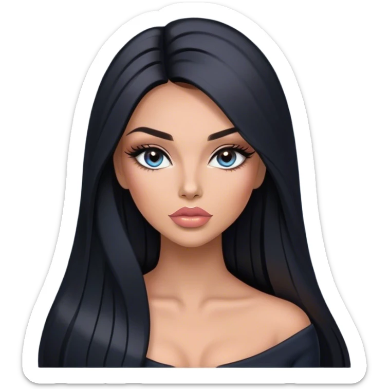 Glamours, tanned, very beautiful girl, with big pump peach-beige-rose lips, long long lashes, black straight smooth silky long hair, straight parting hair, blue-grey eyes in black clothes sticker