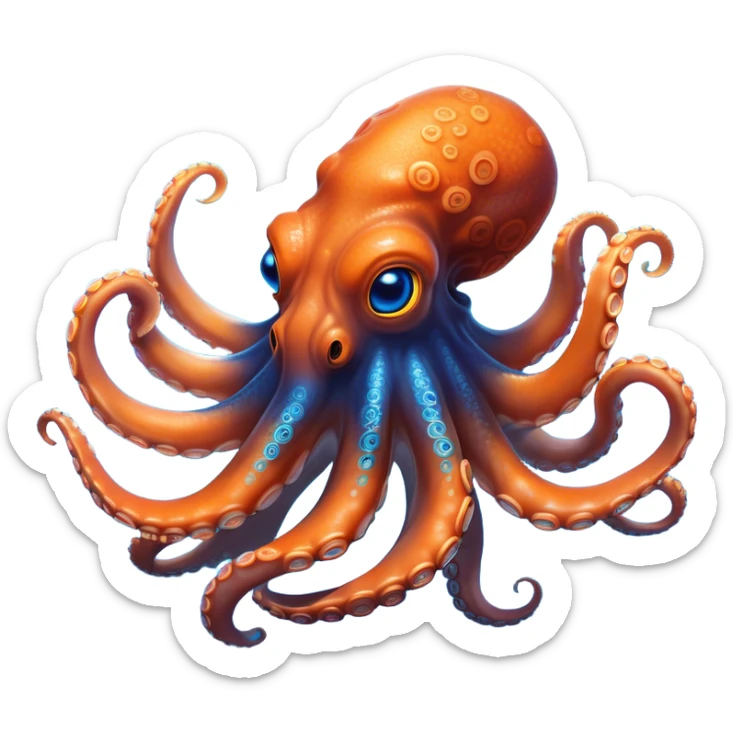 Cinematic Realistic Noble Octopus Portrait Emoji, Poised and majestic, with a sinuous, flowing body in vivid orange accented by intricately detailed blue rings, and intelligent, penetrating eyes that reflect ancient ocean lore; rendered with lifelike texture and natural iridescence, high shine, intelligent and formidable, styled with an aura of mystical marine power, focused and attentive, soft glowing outline, capturing the essence of a watchful and confident octopus that appears ready to glide out of the screen with timeless authority! sticker