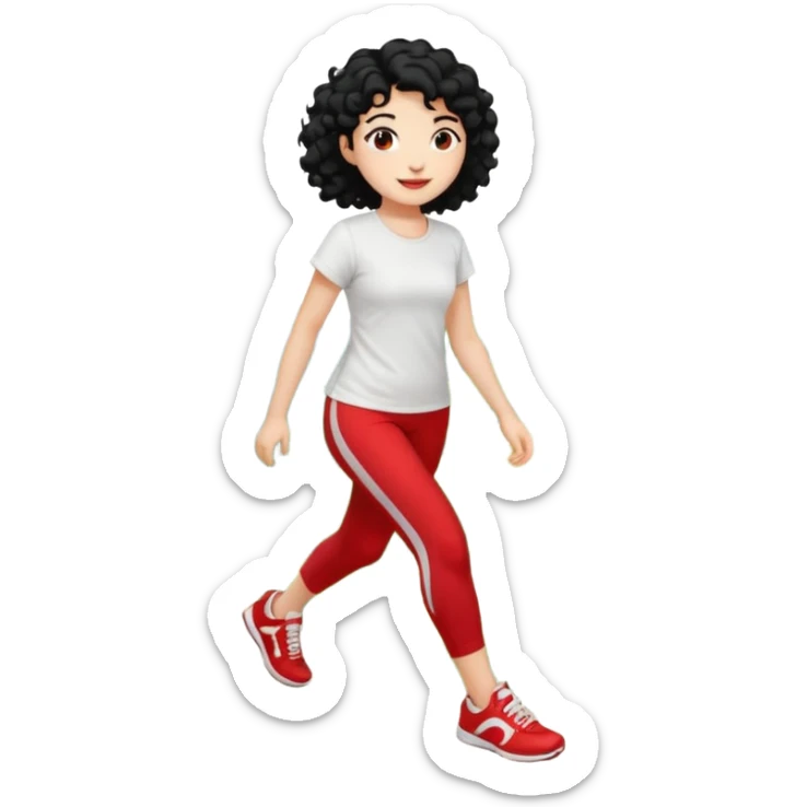 generate a pretty bratz fair skinned girl with curly black hair wearing a white tshirt trekking on a hill with red sneakers on and black leggings.  Put a hill behind her sticker