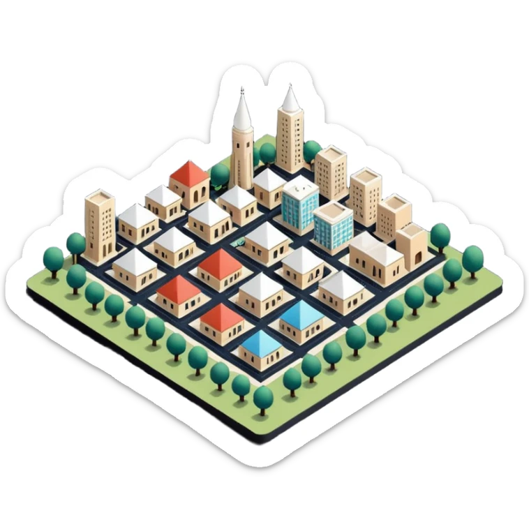 little city and many, small, ordinary, simple, home, Iranian-style, 1980, isometric sticker
