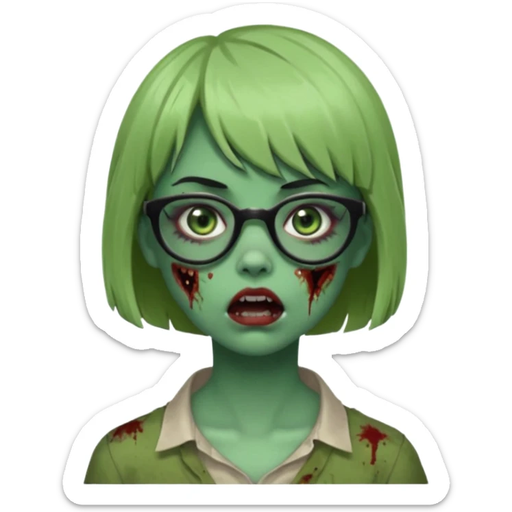 faça uma menina zumbi,da cor verde,com o cabelo curto,até o pescoço,franja,óculos pretos médios,olhos escuros,boca meio aberta e alguns machucados pelo rosto sticker