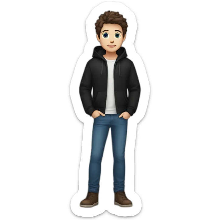 boy blue eyes and with short dark hair in black hoodie and blue jeans and girl with blue eyes brown hair in black pants in white shirt and brown jacket sticker