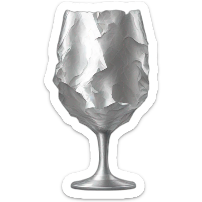 A layer of A reflective, very crinkled and wrinkled aluminum foil covering a wine glass shape, like a stemmed wine glass sticker