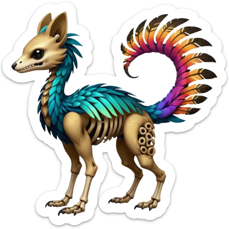 Rare colorful gradients colored realistic dark edgy glossy shiny tropical tribal patterned feathery skeletal badass epic pretty beautiful handsome gorgeous aesthetic colorful vibrant Vernid-Trico-species-Fakemon-creature by LiLaiRa, 4 legs, 1 tail, random markings, (full body) sticker