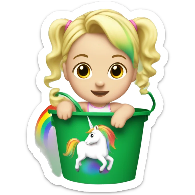 Blonde baby girl, inside of a green bucket riding a unicorn with rainbow hair ￼ sticker