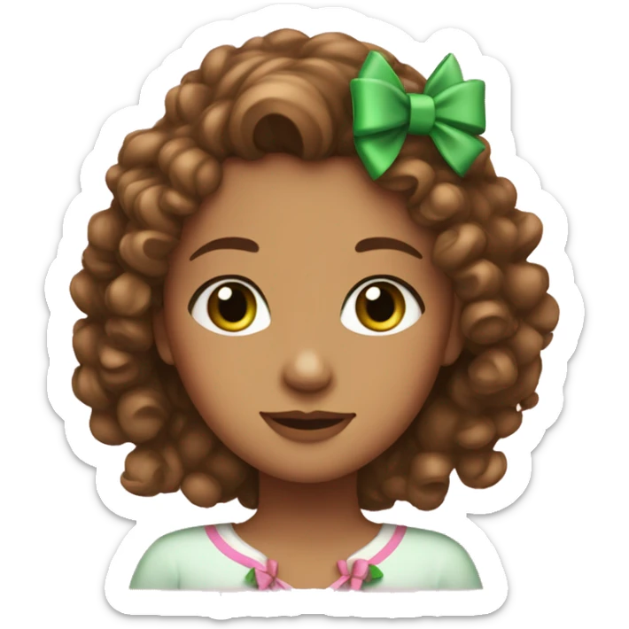 A girl with curly brown hair green eyes and with a pink bow in her hair sticker