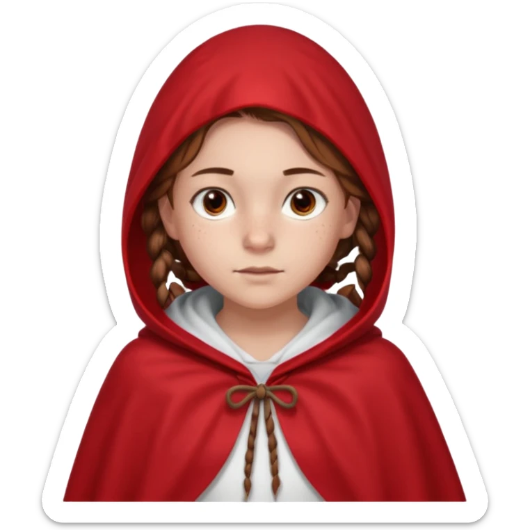 a 12 year old girl with fair skin, freckles, and brown hair done in French braids that come down to her breasts. she has a red hooded cape with the hood drawn. she has big, brown eyes and normal eyebrows sticker