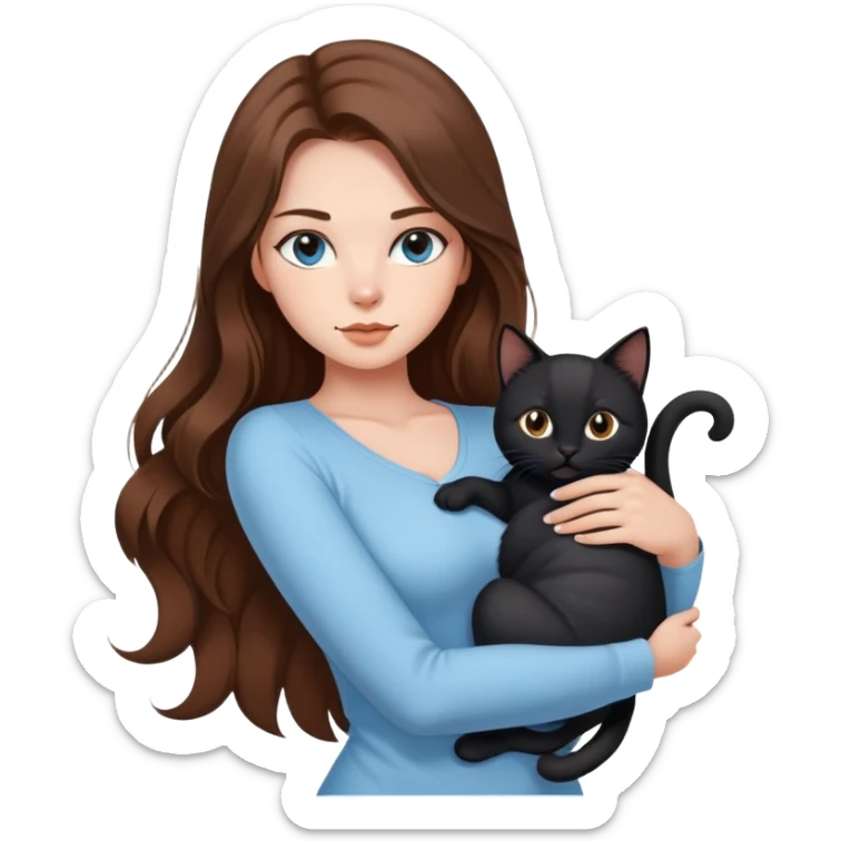 A sexy girl with long hair wearing light blue clothes is holding a black cat sticker