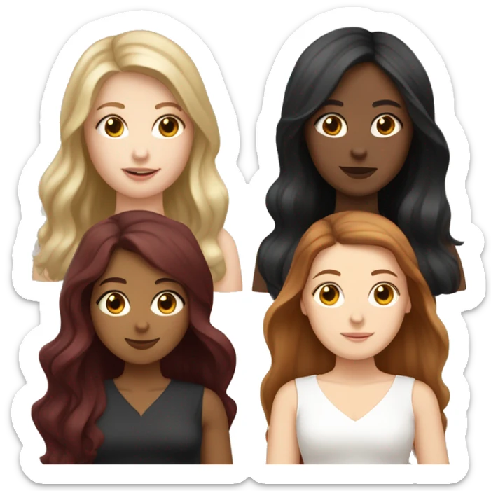 three WHITE girls. one lighter brown hair, one dark blackish hair, one burgundy red hair. olive skin, pale skin, paler skin. ALL WHITE long hair down sticker
