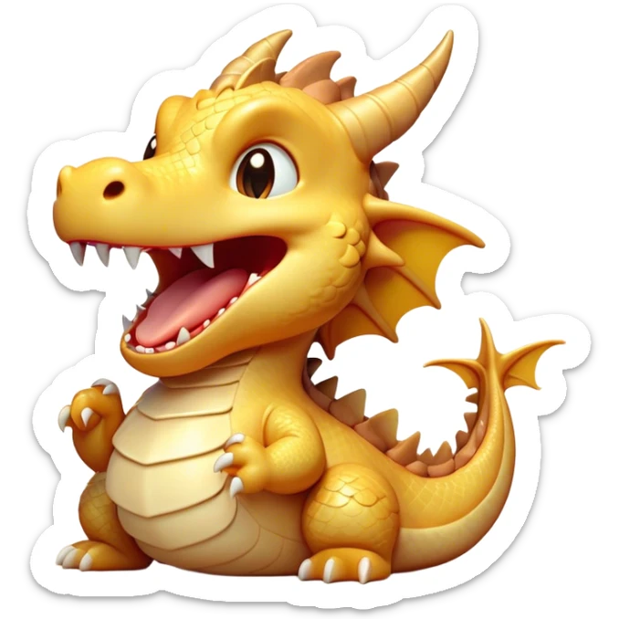 Cinematic Cute Yawning Dragon Portrait Emoji, Head tilted slightly with a dramatic, wide-open yawn, showcasing a soft, lustrous scaled body with gently drooping fins and half-closed, drowsy eyes, Simplified yet irresistibly adorable features, highly detailed, glowing with a soft, cozy mythical glow, high shine, relaxed yet expressive, stylized with a dash of fantastical charm, soft glowing outline, capturing the essence of a sleepy yet affectionate dragon that seems ready to stretch out and rest in its enchanted lair! sticker