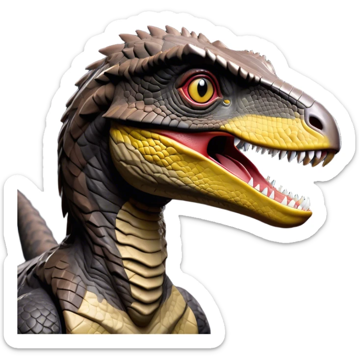 Cinematic Noble jurassic park Velociraptor Portrait Emoji, Poised and menacing, with a sleek, muscular build clad in dark, scaly skin reminiscent of jurassic park Park’s iconic raptor, a sharply curved snout and piercing, intelligent eyes that exude predatory cunning, Simplified yet boldly defined features, highly detailed, glowing with a cool, ominous radiance, high shine, intelligent and relentless, stylized with an air of cinematic prehistoric authority, focused and alert, soft glowing outline, capturing the essence of a watchful and confident jurassic park Velociraptor that appears ready to dash out of the screen with effortless power! sticker