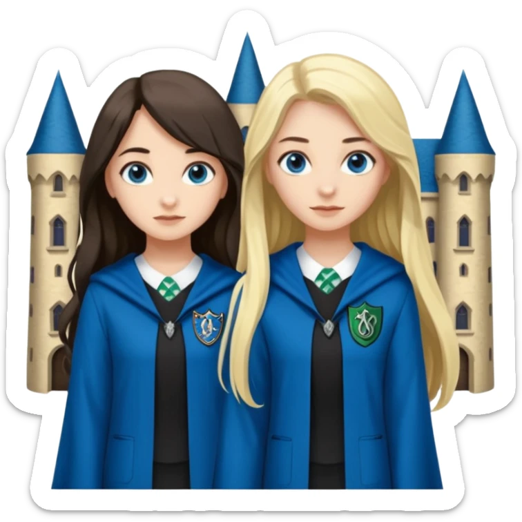 a pretty ravenclaw girl with long dark brown hair and blue eyes standing with a hot Slytherin girl with long blonde hair, blue eyes sticker