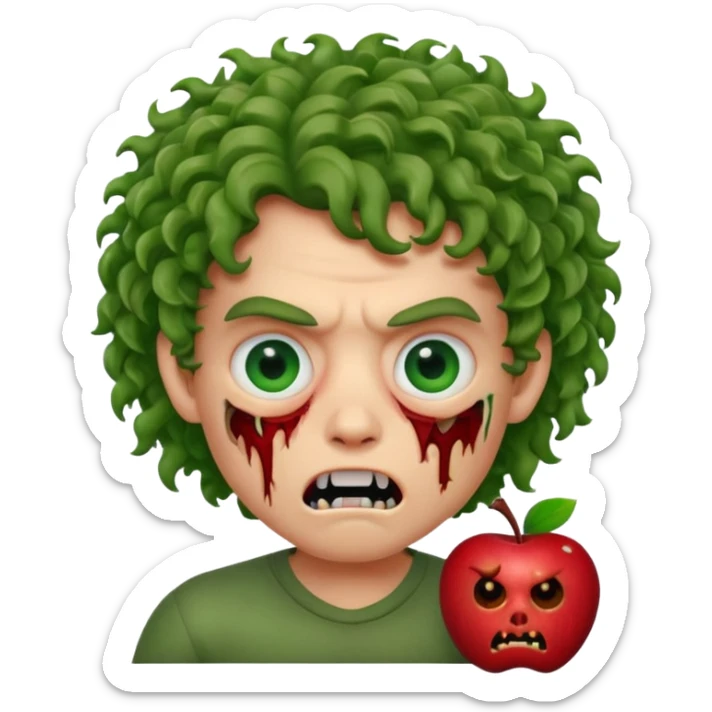 Zombie apple Memoji curly hair boy with growling face with one open and stich under eye  sticker