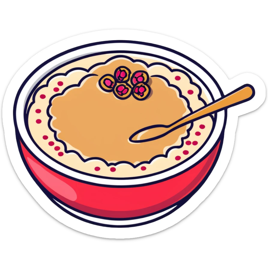 steaming bowl of oatmeal with a dollop of peanut butter, sprinkle of coconut flakes, and fresh pomegranate arils sticker
