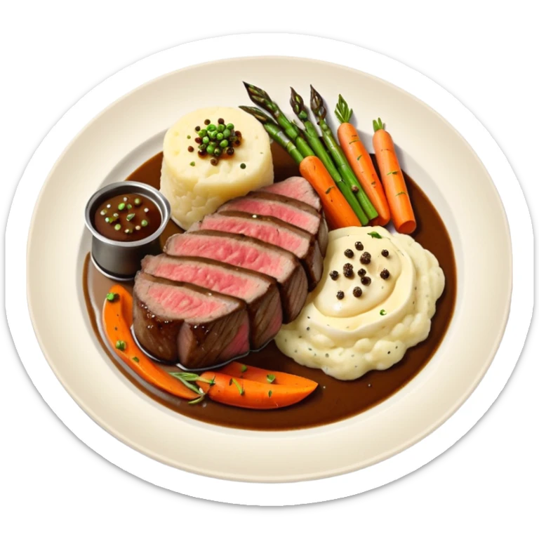 Medium rare Wagyu steak on a bed of creamy garlic mash potatoes couples with pan seared carrots and apparus and a lovely black pepper truffle sause  sticker