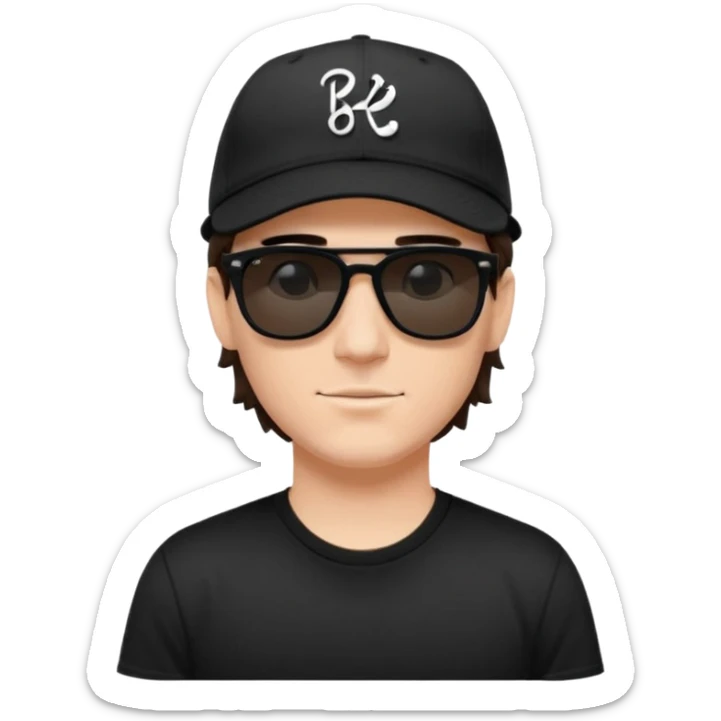 “Emoji of a white man with dark brown hair under a black baseball cap, wearing a black t‑shirt and 1980s‑style black Ray‑Ban rectangle sunglasses, with black musical notes floating around his head,  sticker
