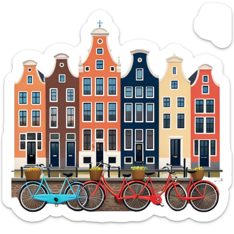 Cinematic Realistic Amsterdam Canal Houses Landmark Emoji, featuring narrow, gabled facades in vibrant colors reflecting on the calm canal waters, with bicycles lining the cobblestone streets. sticker