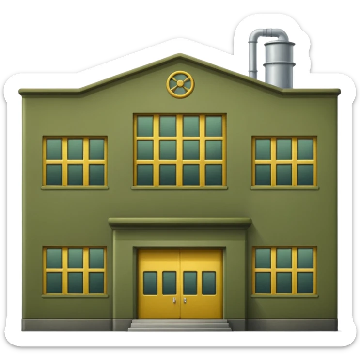 retro industrial factory building, military olive green color, large windows, industrial doors, no smoke, visually appealing, no weapons, no vehicles, not a house sticker