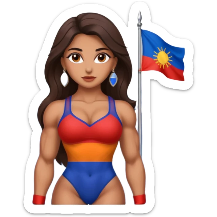 sexy and muscled, full body, brown skin Armenian caucasian girl, sexy girl, beautiful eyes, makeup, earrings, muscled, surrounded by mountains, Flag of Armenia sticker