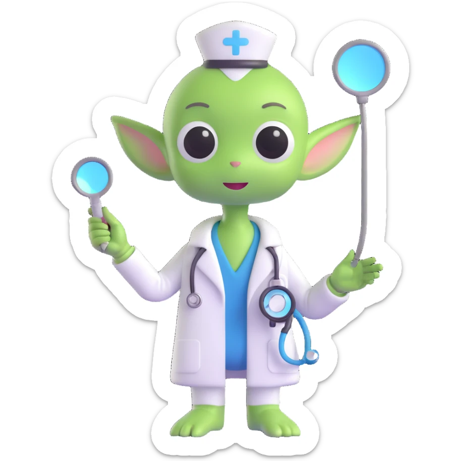 cute green alien in a doctor's outfit, with a head mirror and stethoscope sticker