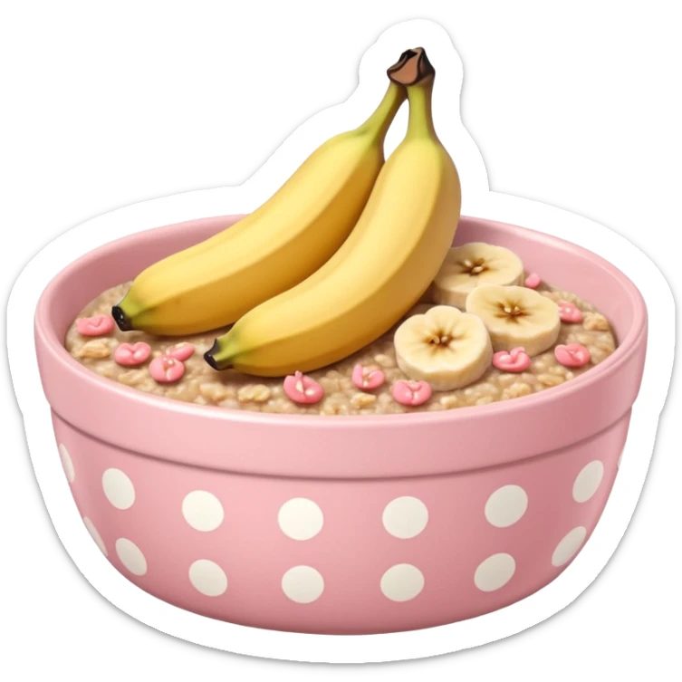 baked oats in a bowl like oat meal with a couple banana slices on top that look a little bit caramelised and a light pink bowl with white polka dots sticker