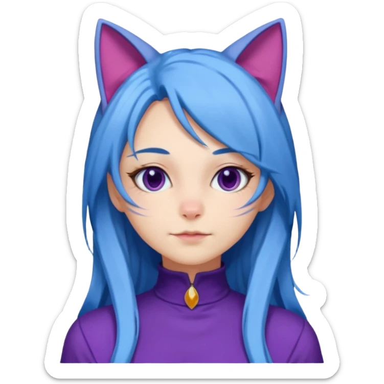 The image is a 3D rendering of a female character with long blue hair and cat ears on her head. She is wearing a purple outfit with a high neckline and long sleeves.  sticker