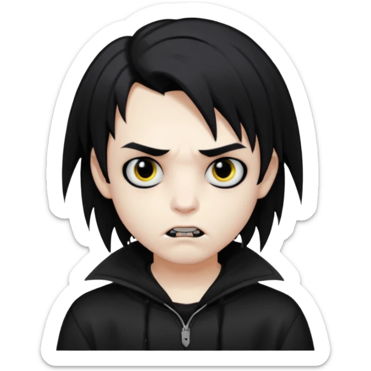 Vampire boy with the black emo hair, pale-white skin, black eyes, little fangs and dark circles under his eyes. He has serious face and he wear a black oversize sweatshot sticker