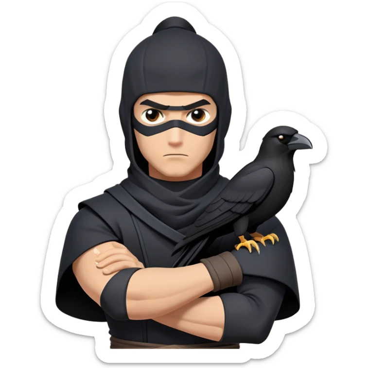 clash-of-clans-aesthetic_-cinematic-mysterious-male-ninja-portrait-emoji, rendered in a flat, vector-style with minimal shading and bold, simplified shapes, with a head slightly turned revealing intense, focused eyes. the ninja has his arm out and perched on top of his forarm is  a  giant black crow sticker