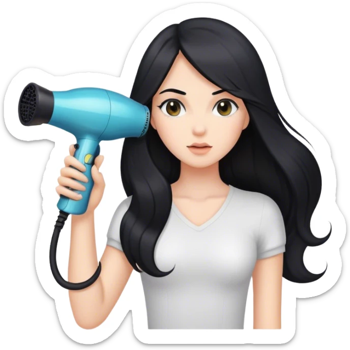 Pretty girl with long black hair holding blow dryer sticker