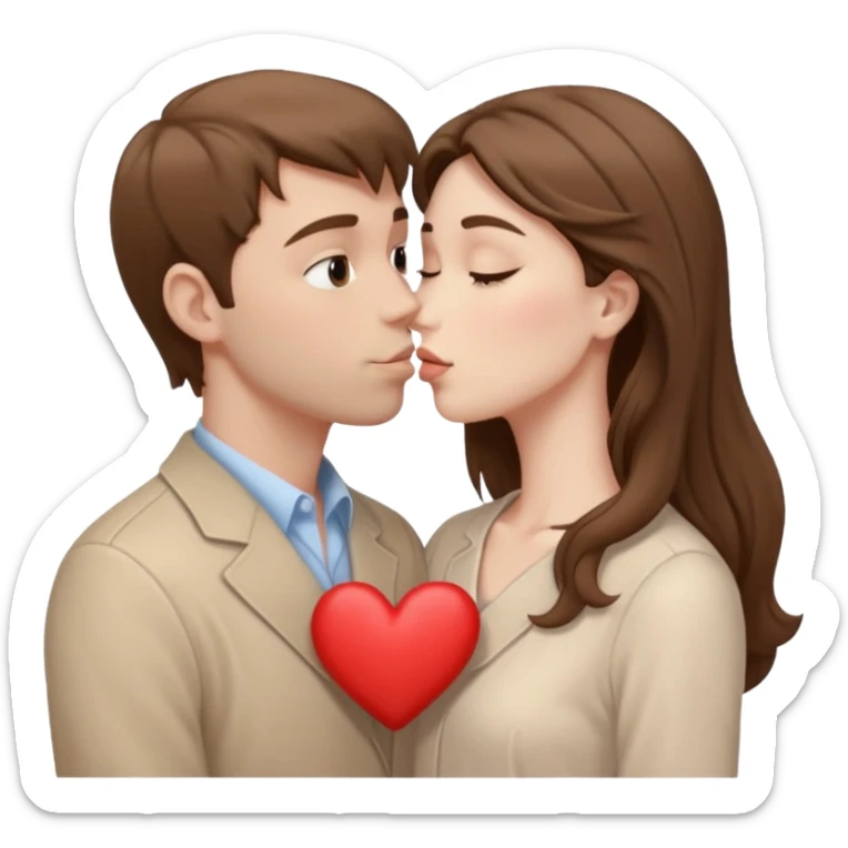 A white man with brown hair in pale beige clothes and a woman in pale beige clothes are kissing with white hearts sticker