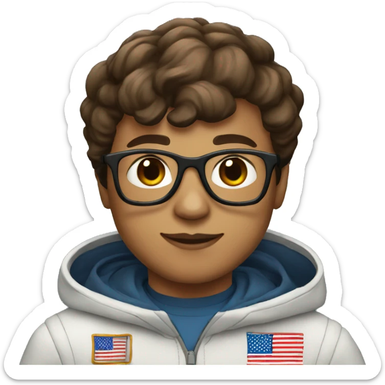 boy with short brown hair, and pilot glasses in a nasa hoodie sticker