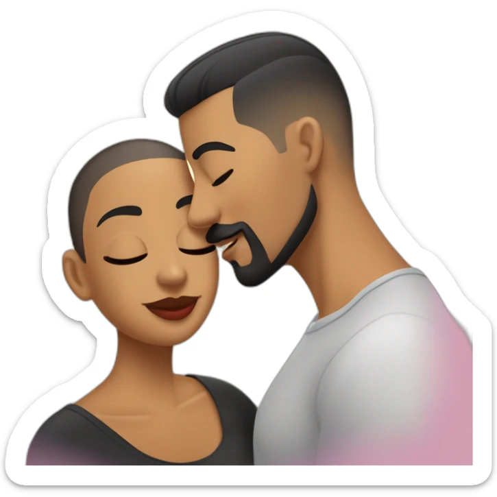 “White latino man with a buzz cut and skin black hair fade, thin beard, and well-defined mustache by a barber, kissing a  Black Latina woman with very straight hair and large earrings.” sticker