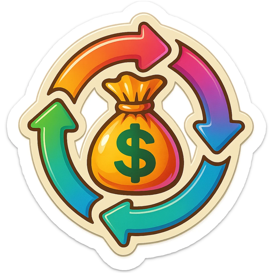 four lifecycle arrows forming a circle with a cartoony bag of money in the center, 1980s retro sticker style sticker