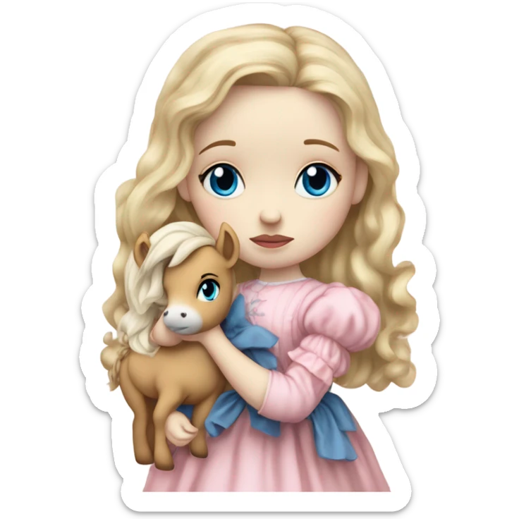 Blonde, pale skin, blue eyes girl wearing a pink dress cuddling her pony stuffed animal. She is from the Victorian era. She is sad and has tears in her eyes sticker