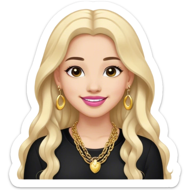 A little cool toned girl with black thick open long hair smiling and her lips should be a lil pink in a black outfit with gold top earrings and a gold chain sticker