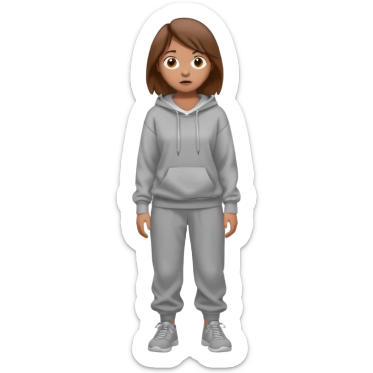 Chica grande  asustada de cuerpo completo mirado a la izquierda con pelo castaño pantalones baggy  grises y hoodie gris  sticker