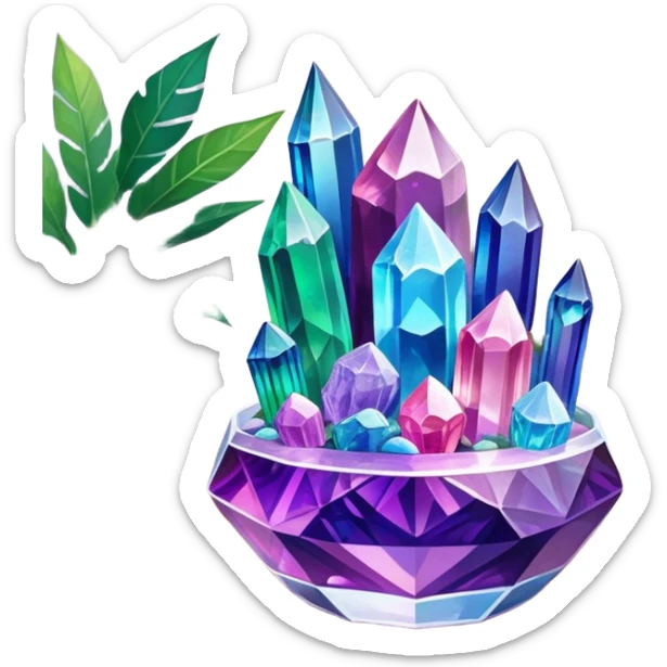 Close-up of vibrant, multicolored crystals growing in a glass container on a wooden table. Crystals in shades of purple, blue, green, pink, and clear are forming in various shapes and sizes. Soft light shines on them. Cozy indoor setting with plants and soft decor in the background. sticker