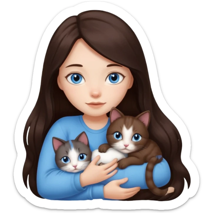 a pretty girl with long dark 
brown hair, with blue eyes, hugs 3 different natural coloured small cats sticker