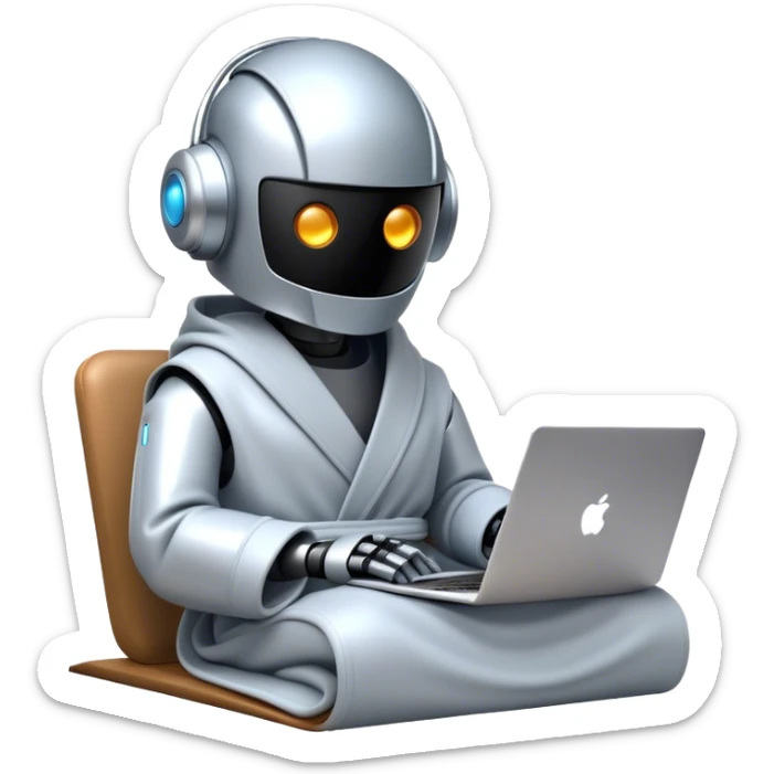 An emoji of a remote-working robot, sitting comfortably with coffee and laptop wrapped in a cozy bathrobe. The robot's head resembles a sleek, futuristic helmet with a smooth, reflective surface. Its eyes are not human-like but rather glowing digital slits or circular LED indicators. sticker