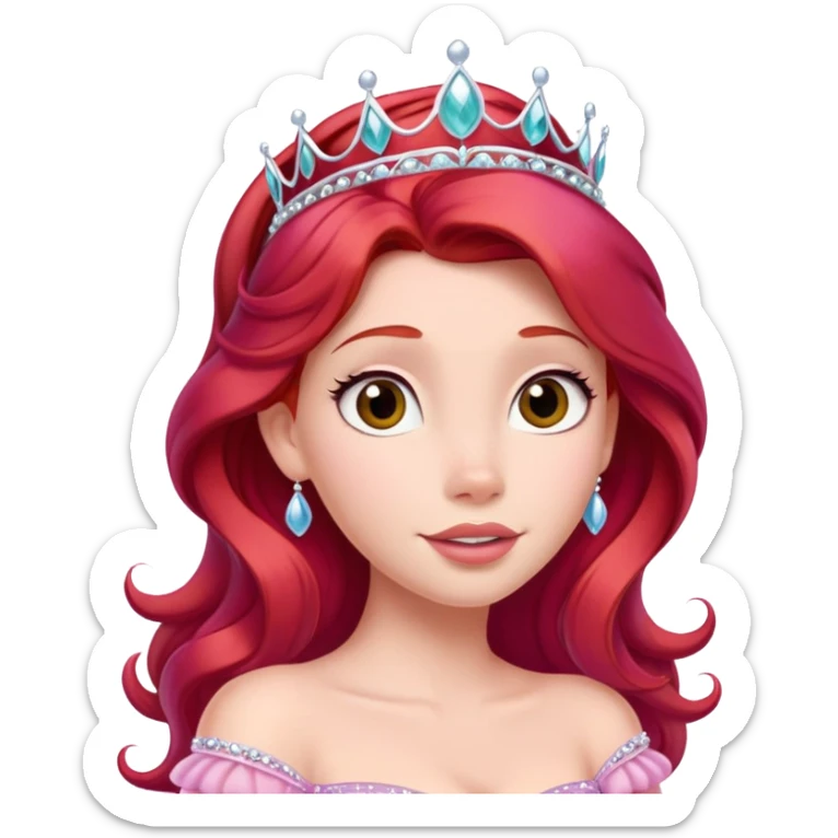 Disney human Ariel with red hair wearing a pink princess dress and tiara sticker